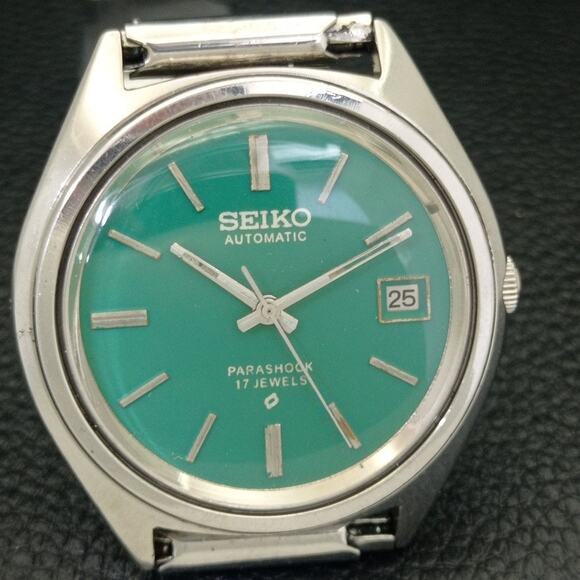 Vintage 1982 Seiko Automatic Mens Silver Watch W/daydate & Green accents - Picture 4 of 10